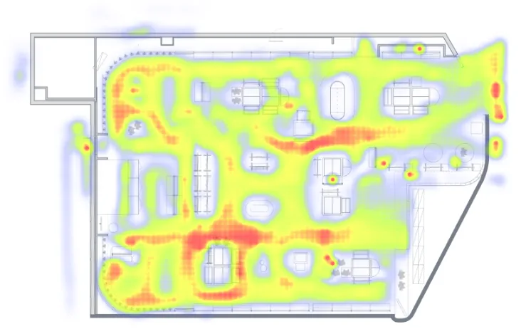 The heatmap screen: customer traffic rendered in color on the floor plan, red where traffic is heavy and blue where it is light