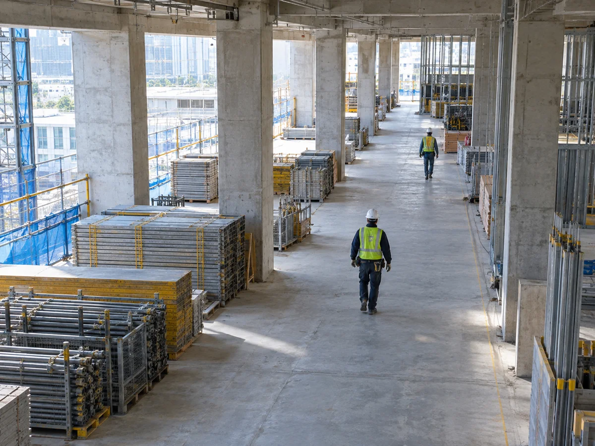 AI-generated construction scene showing workers moving along an aisle between material storage areas