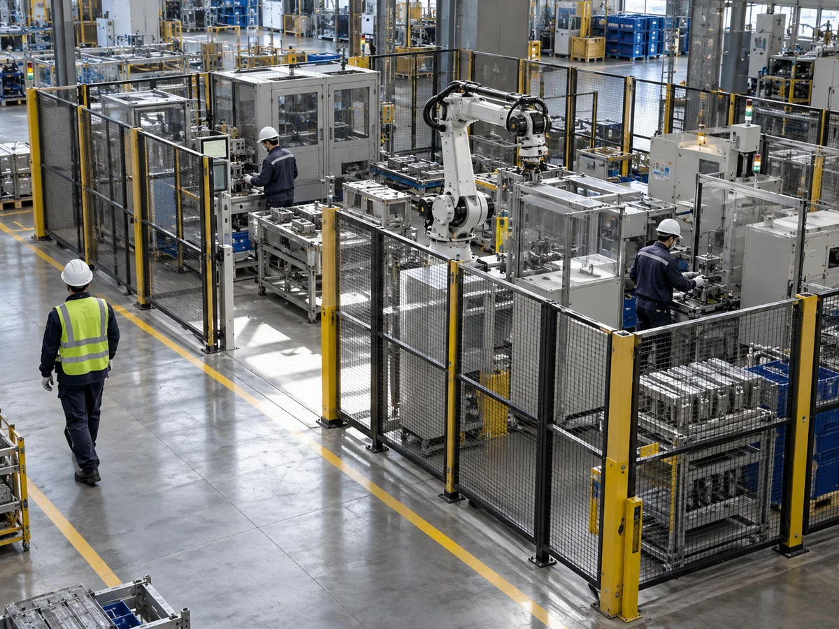 同じ設備セル内の作業者と外側の通路にいる作業者を示すAI生成の工場画像