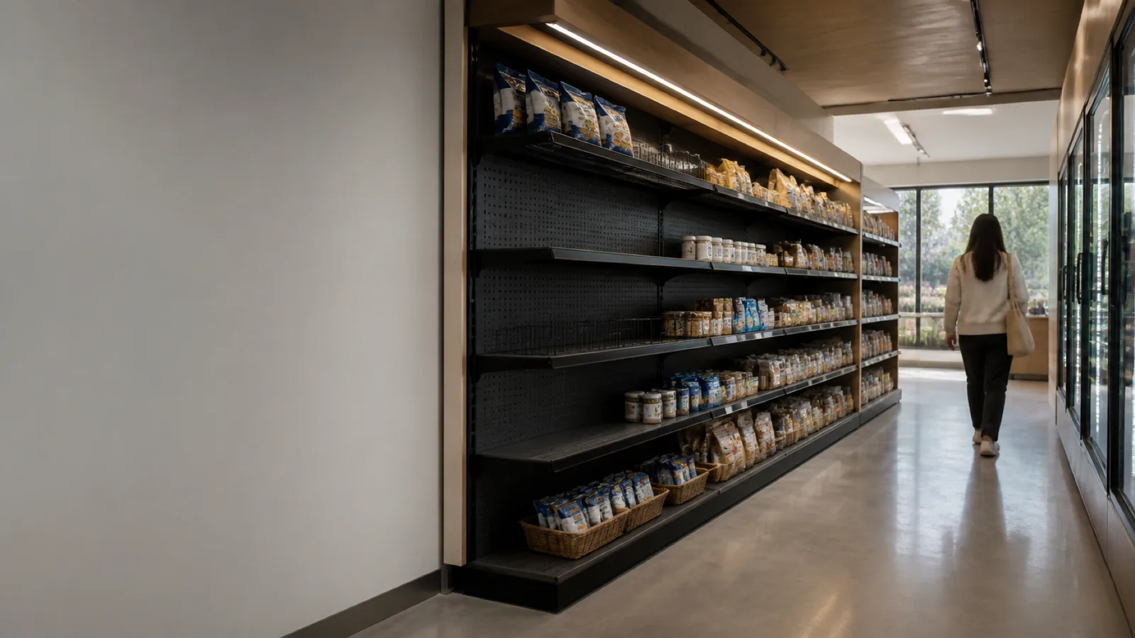 A store scene with an anonymous visitor passing a shelf and aisle
