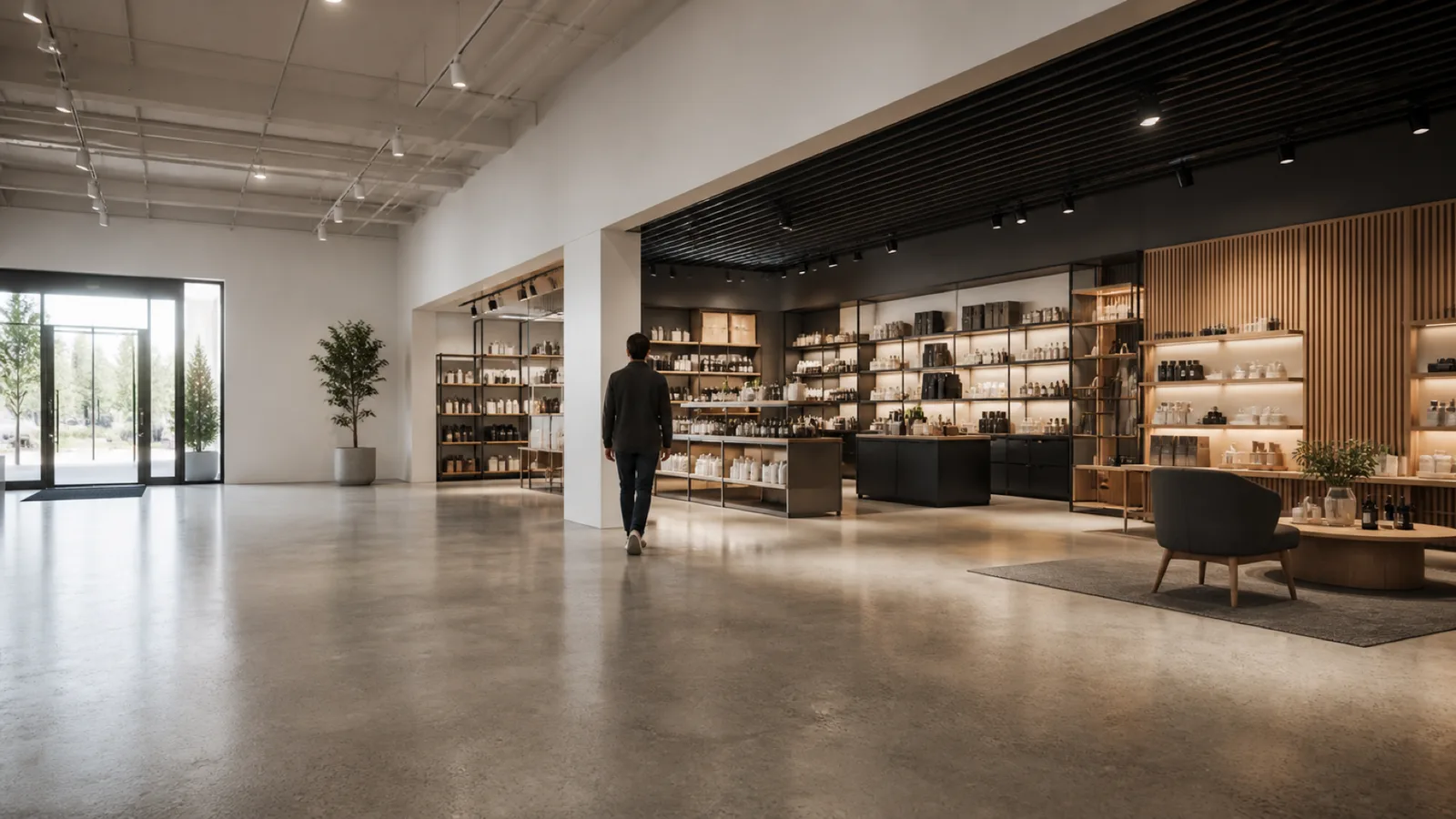 A wide retail scene with a visitor moving toward an arranged product zone