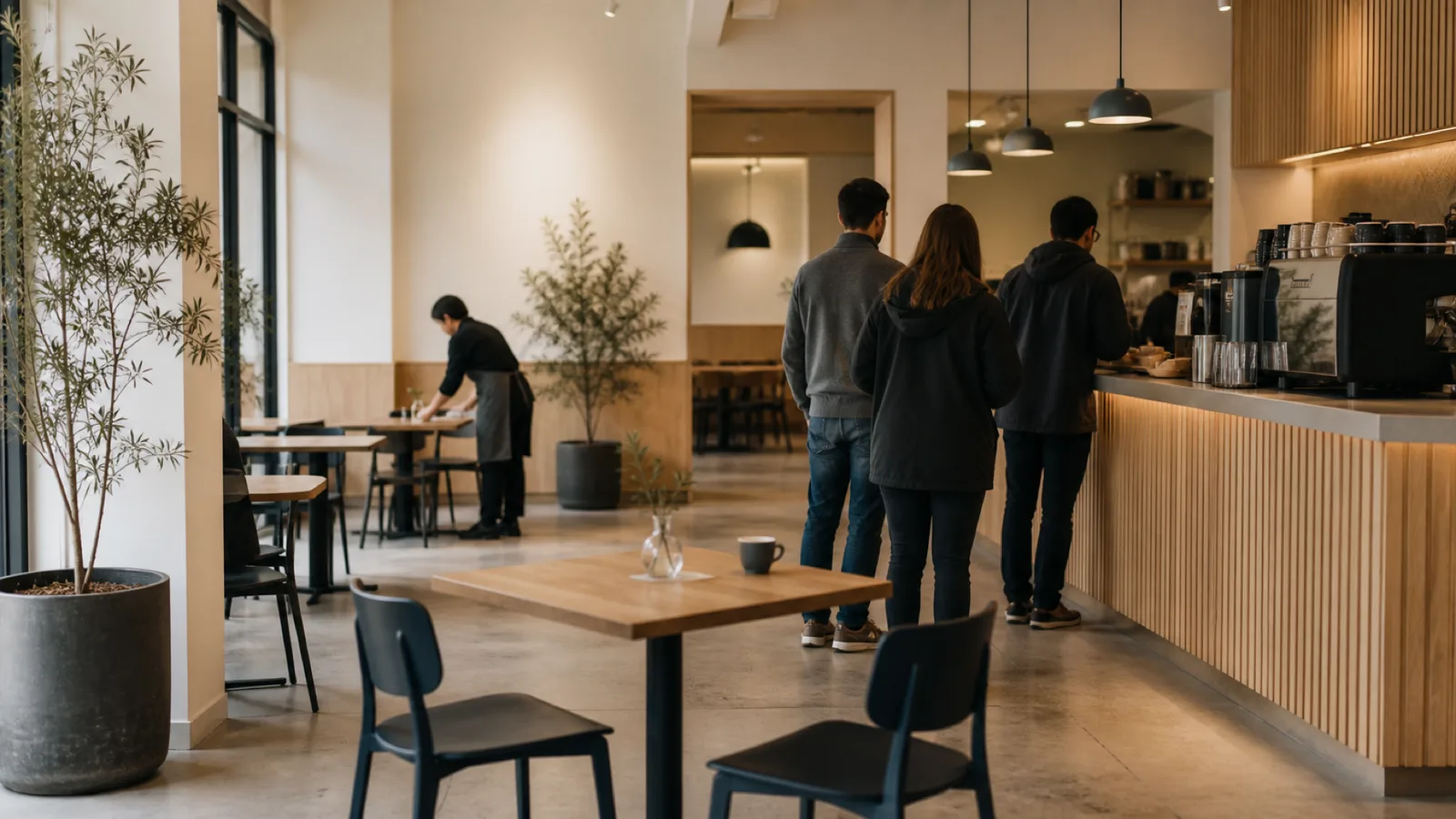 A café scene with a short counter queue and a staff member resetting a table