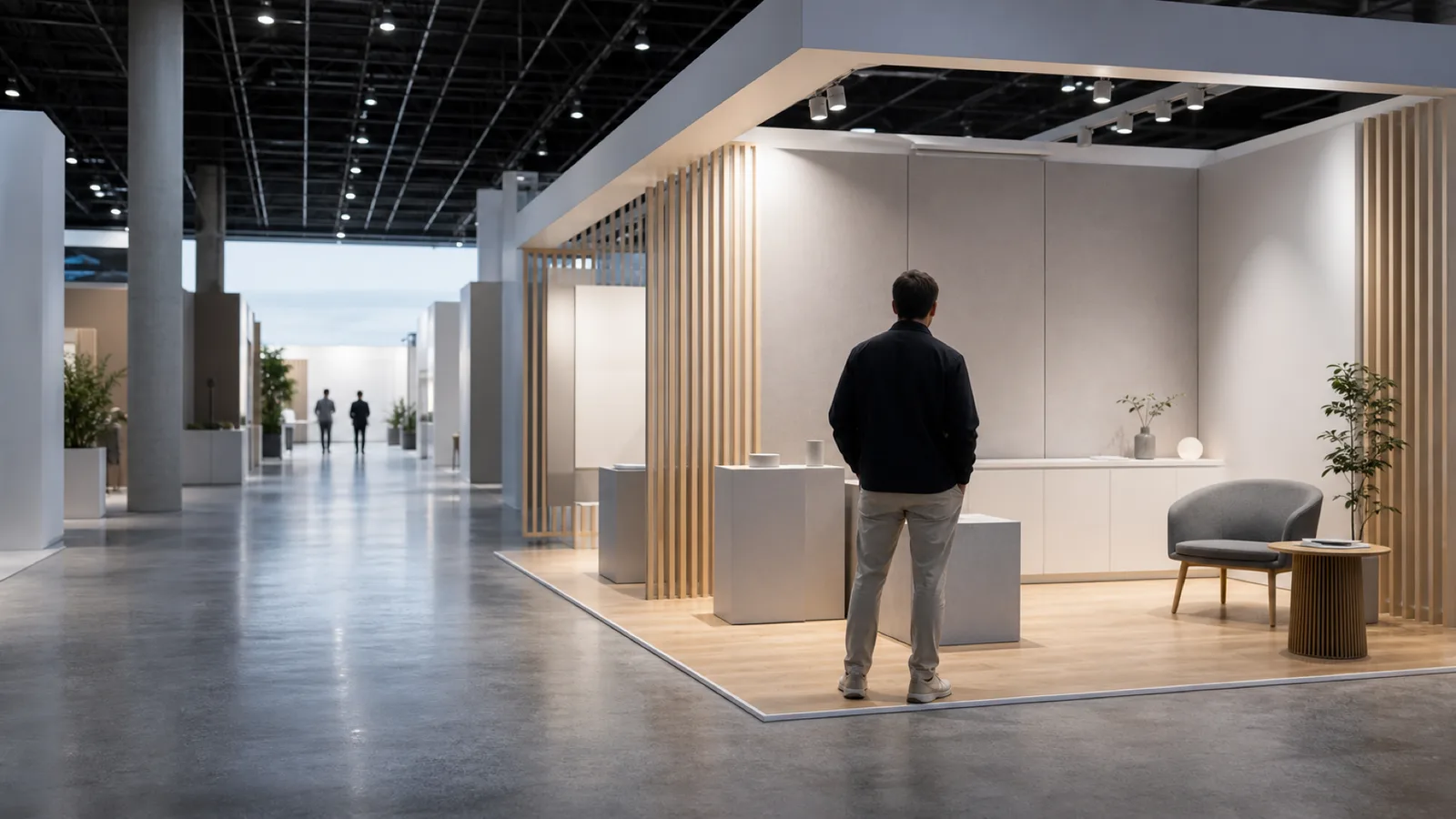 An exhibition scene with an anonymous visitor pausing at a booth