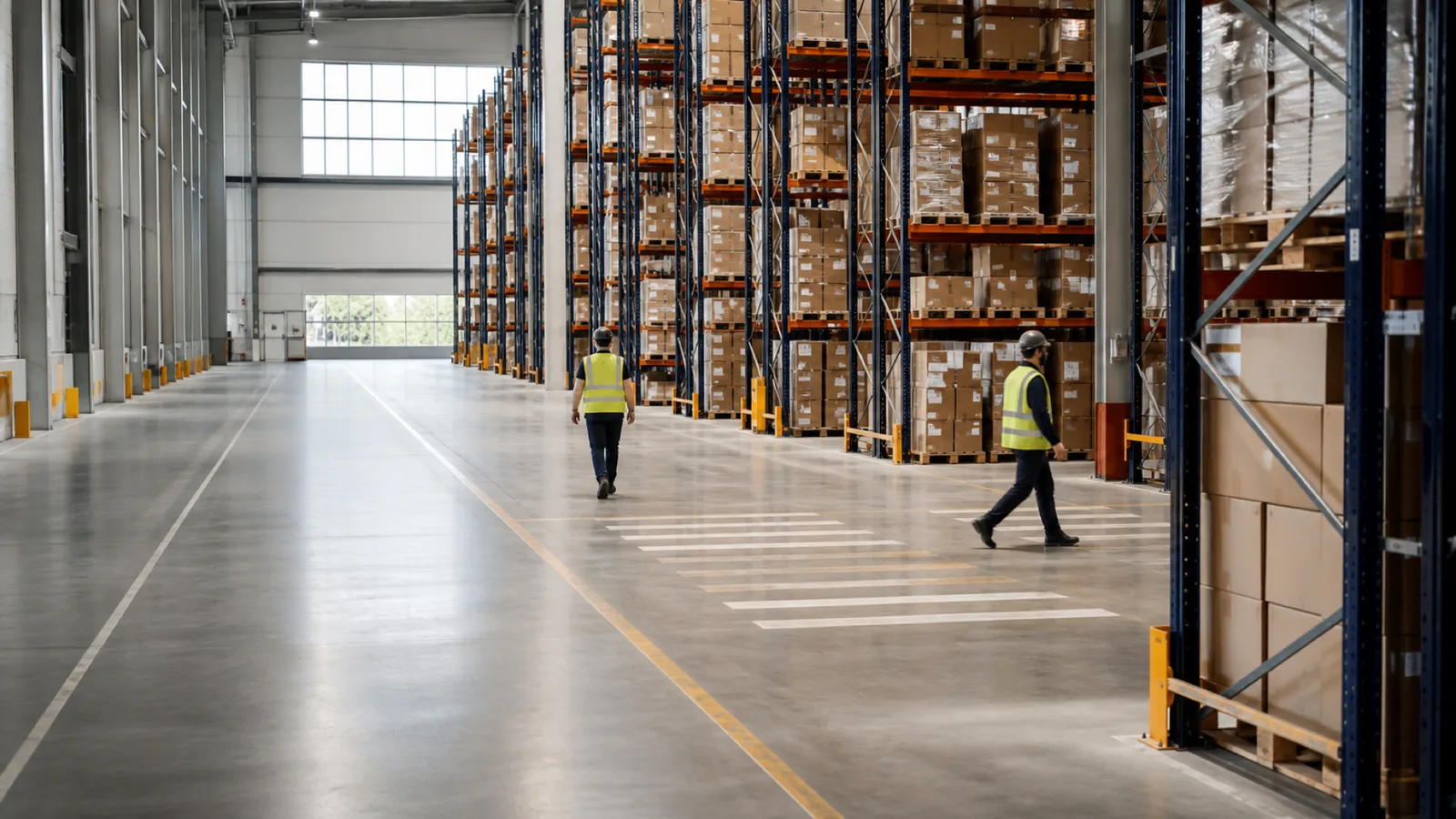 A warehouse scene with two workers moving through separate paths